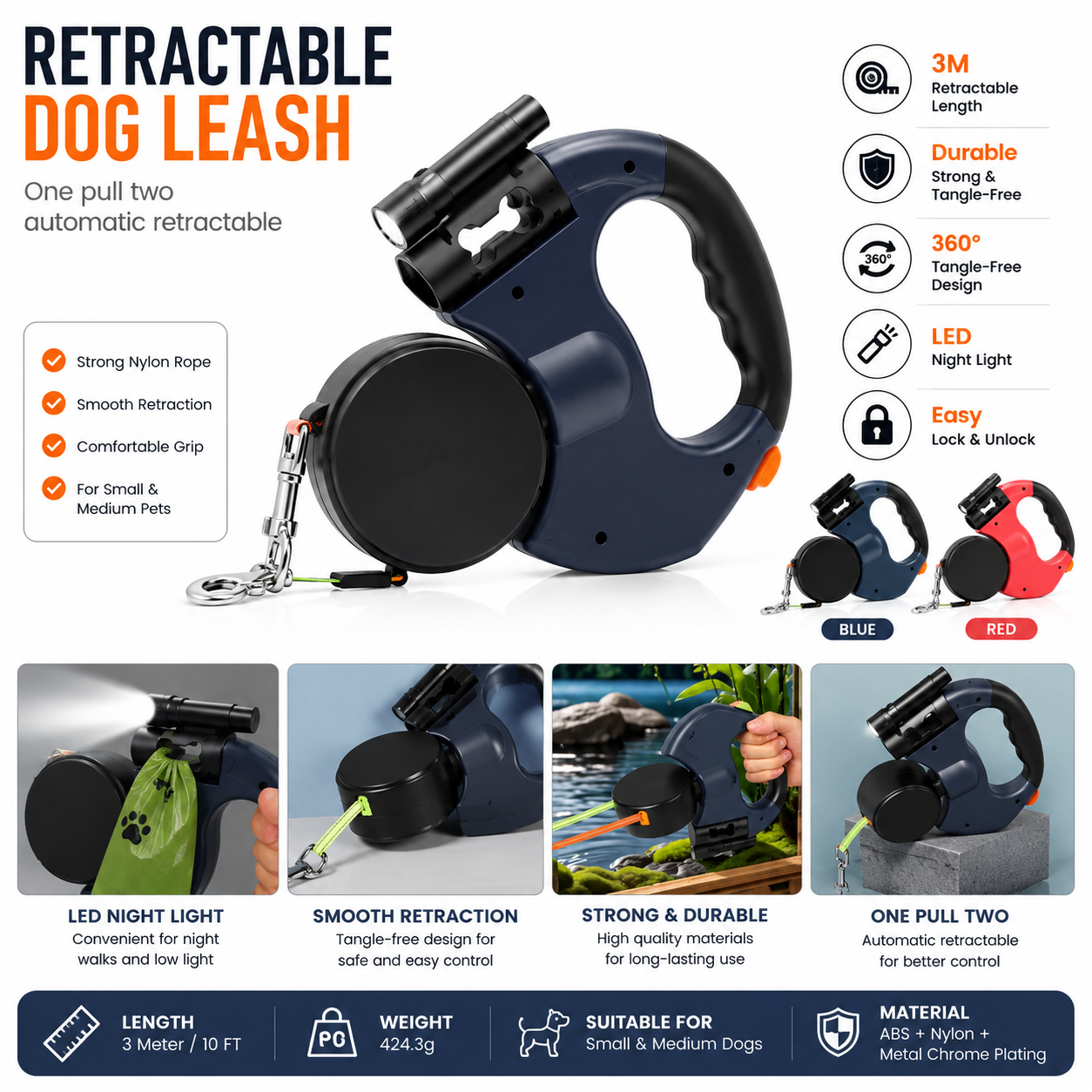 🐾Waoo Waoo DuoWalk – Retractable Double Dog Leash with LED Light🐾